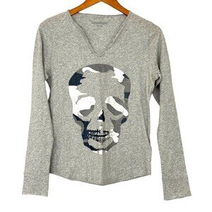 Zadig & Voltaire Tunisien Camo Foil Skull Henley Gray Long Sleeve Cotton Size S